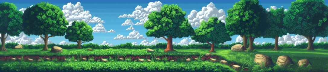 Pixel Art Spring Summer Nature Landscape, Video Game Outdoor Platformer Asset Background, 8bit Retro Trees Grass Meadow Blue Sky Backdrop, Side-scroller Side View Pixelated Valley
