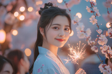 A young Asian woman wearing traditional clothing holding fireworks
