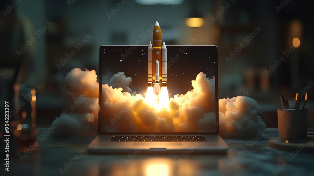 Poster laptop with a rocket launching from the screen surrounded by clouds on a desk.