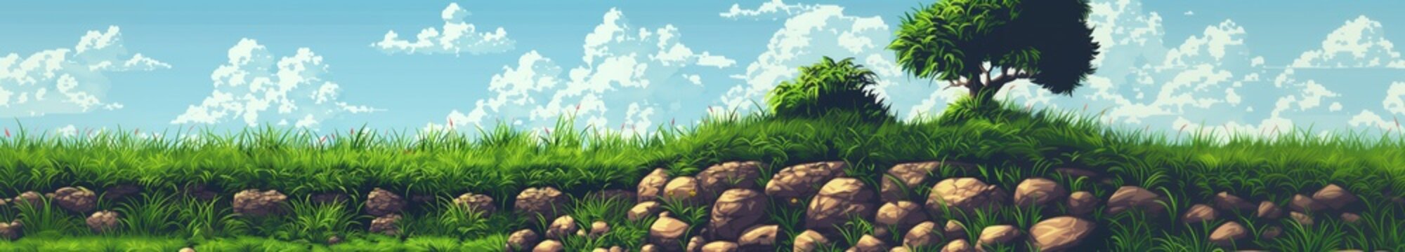 Pixel Art Spring Summer Nature Landscape, Video Game Outdoor Platformer Asset Background, 8bit Retro Trees Grass Meadow Blue Sky Backdrop, Side-scroller Side View Pixelated Valley