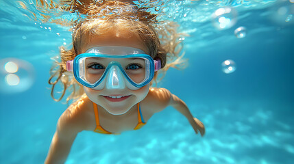 Naklejka premium Little girl with a smile swimming underwater wearing goggles and looking at the camera.
