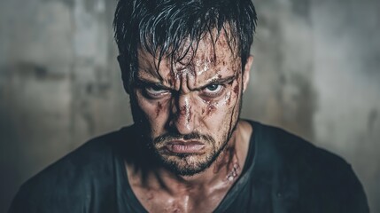 Obraz premium Intense Portrait of an Angry Man, Capturing the Raw Emotion and Expression of Frustration or Rage. Ideal for Depicting Strong Emotional States and Character Studies.