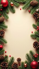 Rustic Christmas Sale frame design with Copy Space, rustic wooden, pine cones, with a blank center area for sale details or promotional messages or product presentation, vertical orientation.