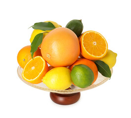 Glass vase with different fresh fruits isolated on white
