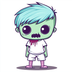 Cartoon Zombie Boy Character with Blue Hair and Green Skin on White Background
