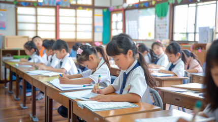 Elementary school children studying in classrooms at elementary schools and cram schools, taking tests and exams