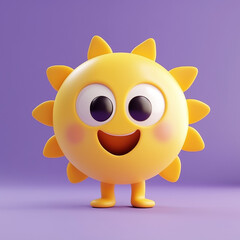 Fototapeta premium 3D Happy Cartoon Sun Character with Big Eyes on Purple Background 