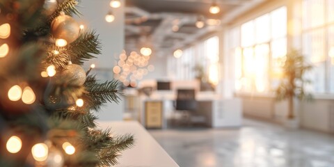 Christmas tree in modern office with decorations and lights blurred festive workspace concept