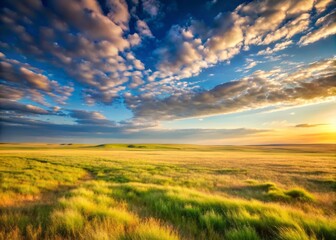 Serene landscape of a vast, flat grassy plain stretching towards the horizon, illuminated by soft morning light with