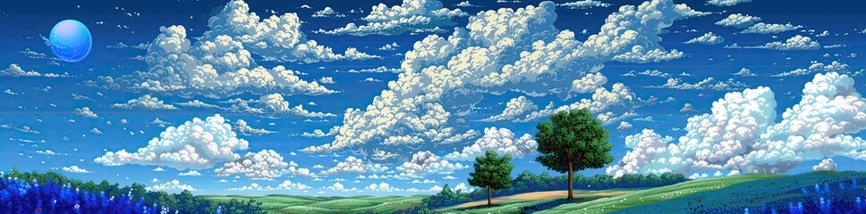 Fototapeta premium Pixel Art Spring Summer Nature Landscape, Video Game Outdoor Platformer Asset Background, 8bit Retro Trees Grass Meadow Blue Sky Backdrop, Side-scroller Side View Pixelated Valley