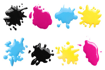 Printer ink of different colors. Set of spots isolated on white, top view