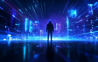 A silhouetted figure stands in a futuristic cityscape, surrounded by vibrant blue lights and dynamic energy, evoking a sense of wonder.