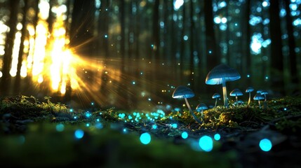 A wide-angle shot of a serene, dark forest scene where glowing mushrooms create a path of light through the undergrowth, their soft blue and green hues contrasting with the deep shadows, highlighting