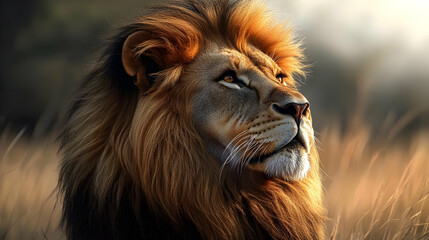 Naklejka premium Majestic lion with a golden mane looking up in the grass.