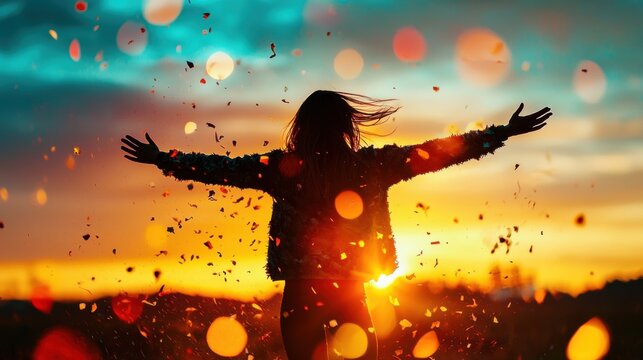 A woman twirls with outstretched arms against the backdrop of a glowing sunset, her silhouette illuminated by the radiant colors of the sky, symbolizing pure joy and emotional liberation