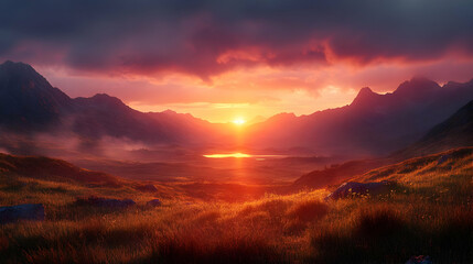 Majestic mountain range bathed in the golden light of a setting sun.