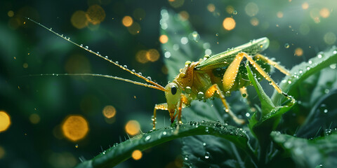 Fototapeta premium Green Grasshopper on Leaf with Water Droplets, Macro Shot of Grasshopper on Dew-Covered Plant