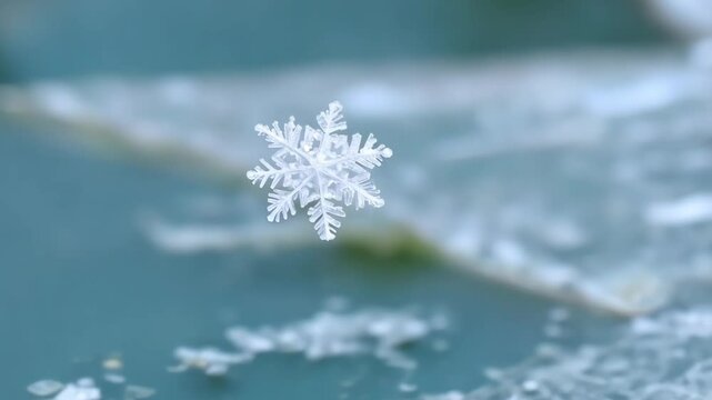 Macro Shot of Falling Snowflake on Frozen Surface with Slow Motion