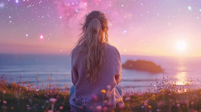 A Beautiful Blonde Girl at the Ocean Stargazing at Sunset or Sunrise (Dreamy Cosmic Starry Sky).
