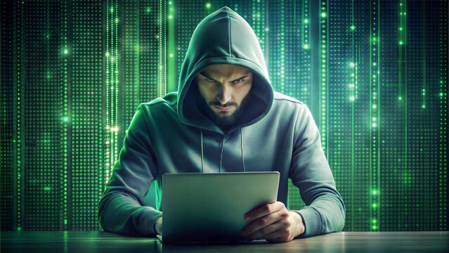 Developer writing HTML code with a green matrix-style background, hacker-like aesthetic, advanced coding scene.