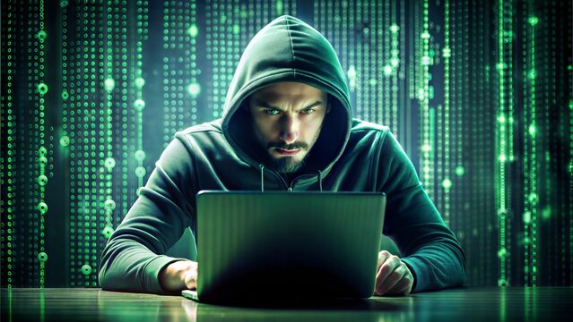 Developer writing HTML code with a green matrix-style background, hacker-like aesthetic, advanced coding scene.
