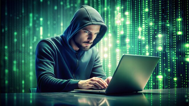 Developer writing HTML code with a green matrix-style background, hacker-like aesthetic, advanced coding scene.
