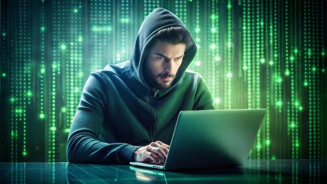 Developer writing HTML code with a green matrix-style background, hacker-like aesthetic, advanced coding scene.
