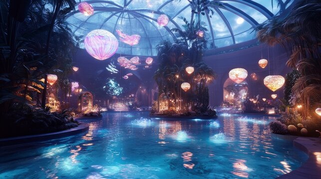 A luxurious indoor pool with a glass ceiling offers panoramic garden views, illuminated by holographic sea creatures and floating lanterns drifting across the water.