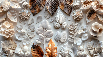 White 3d seamless pattern with embossed leaves