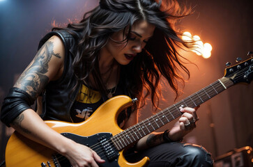 Obraz premium female Heavy metal guitarist and vocalist on stage at a concert full of strength and anger