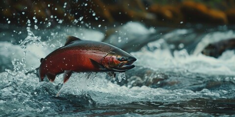 Fototapeta premium Salmon leaping in the river