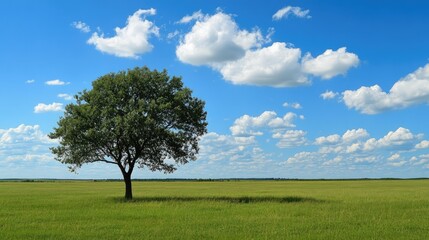 Obraz premium A lone tree in a wide, open meadow, with the blue sky and clouds creating a serene backdrop.