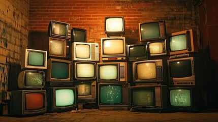 A pile of vintage, retro televisions stacked haphazardly against a brick wall in a dimly lit room.