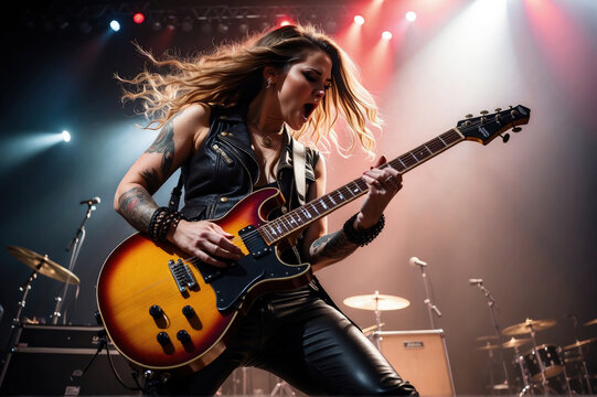 female Heavy metal guitarist and vocalist on stage at a concert full of strength and anger