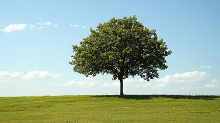 Obraz premium A single tree in an open field of green grass, the sky behind it bright and clear, with a few scattered clouds.