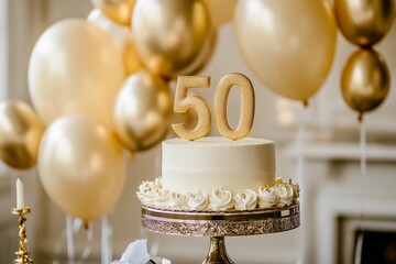 Celebratory 50th birthday cake adorned with gold topper and blue decorations at a festive gathering