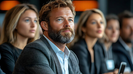 Man with grey beard looking up, sitting with women in suits during a presentation.