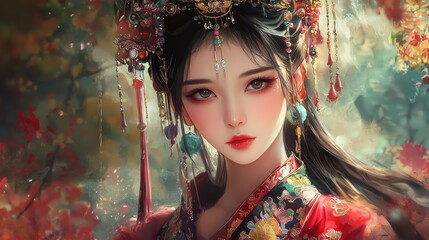 A stunning portrait of a beautiful woman in ornate traditional attire, surrounded by vibrant autumn foliage and soft light.