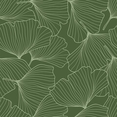 Seamless pattern hand- drawn gingko leaf on green background.Vector illustration