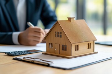 A wooden house model on a desk with a businessman analyzing financial documents, symbolizing real estate investment.