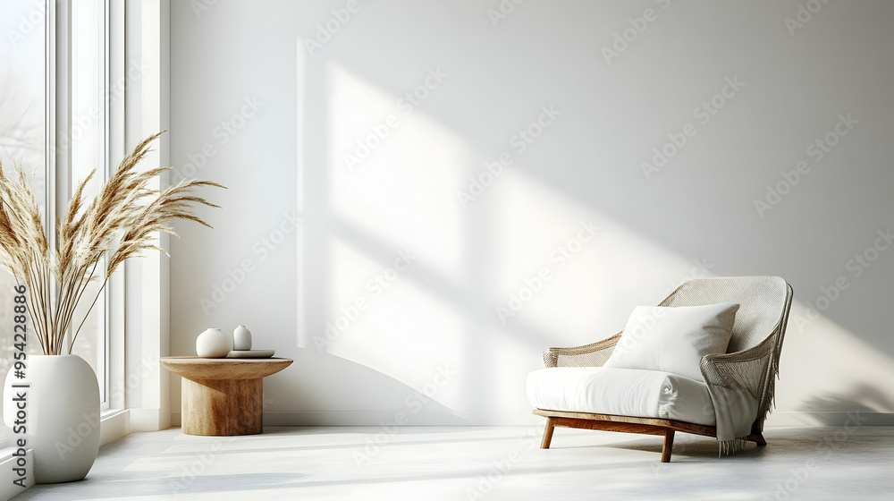 Poster Minimalist living room with a comfortable chair, a vase with dried pampas grass, and a wooden side table.