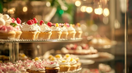 Delicious cupcakes adorned with fresh berries, displayed in a charming bakery setting, perfect for dessert lovers.