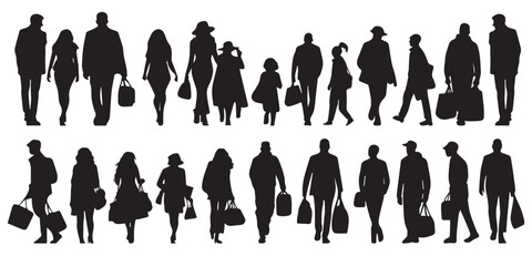 Silhouette people man and women in various poses collection.