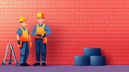 Two construction workers discussing tasks in front of a red brick wall, showcasing teamwork and safety in a work environment.