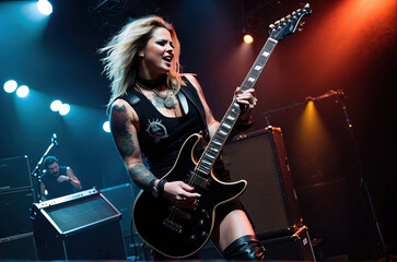 female Heavy metal guitarist and vocalist on stage at a concert full of strength and anger
