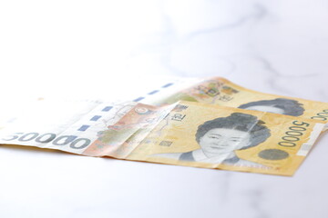 韓国の通貨、ウォンKRWの紙幣（5万ウォン札）