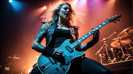 female Heavy metal guitarist and vocalist on stage at a concert full of strength and anger