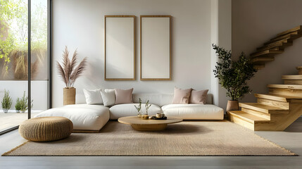 Minimalist living room with white sectional sofa, wooden coffee table, and two framed canvases.