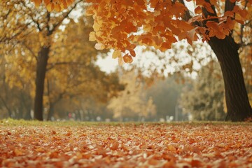 Orange fall leaves in park, autumn natural background , ai
