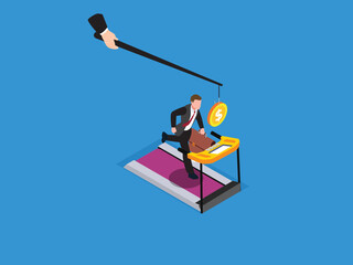 Businessman runs on a treadmill while a hand swings a dollar coin above him 3d isometric illustration